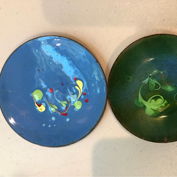 Other - Vintage Enamel Copper Trinket Dishes Cobalt Blue Abstract 4 1/4” Green 4” READ
